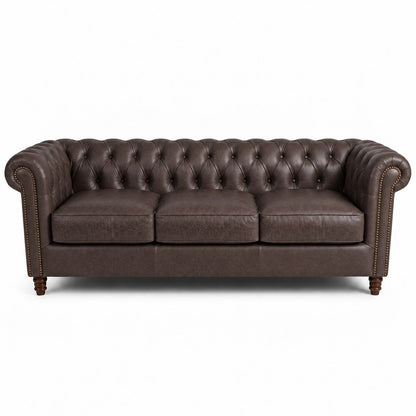 Sofá Chesterfield Café 3 lugares, 254 cm, couro legítimo texturizado