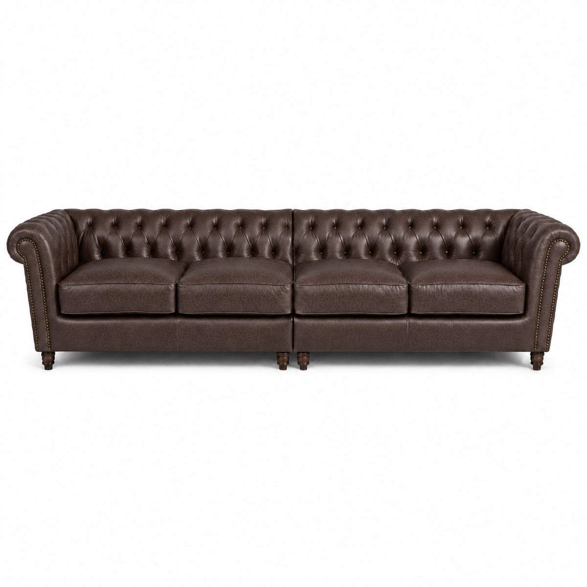 Sofá Chesterfield Café 4 lugares bipartido, 286 cm, dois módulos