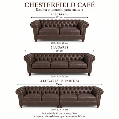 Infográfico das três medidas do sofá Chesterfield Café: 222, 254 e 286 × 83 × 78 cm