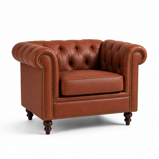Poltrona Inglesa Chesterfield Terracota em couro bovino natural — três quartos em fundo branco