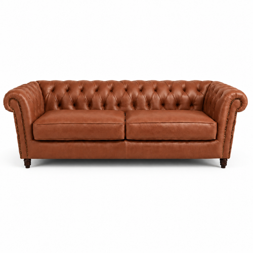 Sofá Inglês Chesterfield Terracota de 2 lugares em couro bovino natural — 222 cm, fundo branco