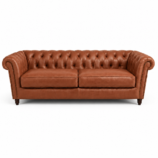 Sofá Inglês Chesterfield Terracota de 2 lugares em couro bovino natural — 222 cm, fundo branco