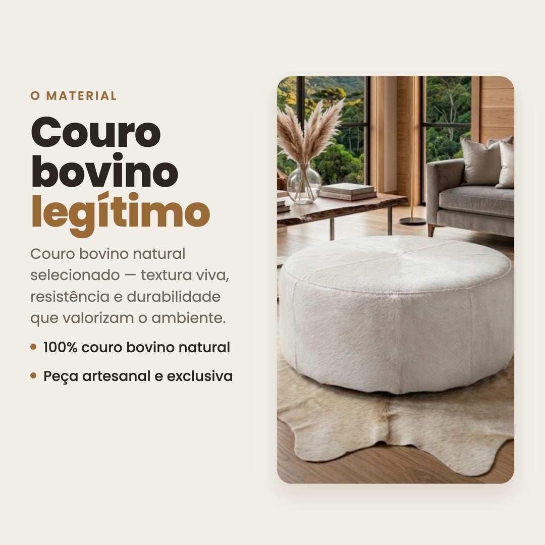 DECOURO · Puff Redondo em Couro Bovino Natural Branco — Material
