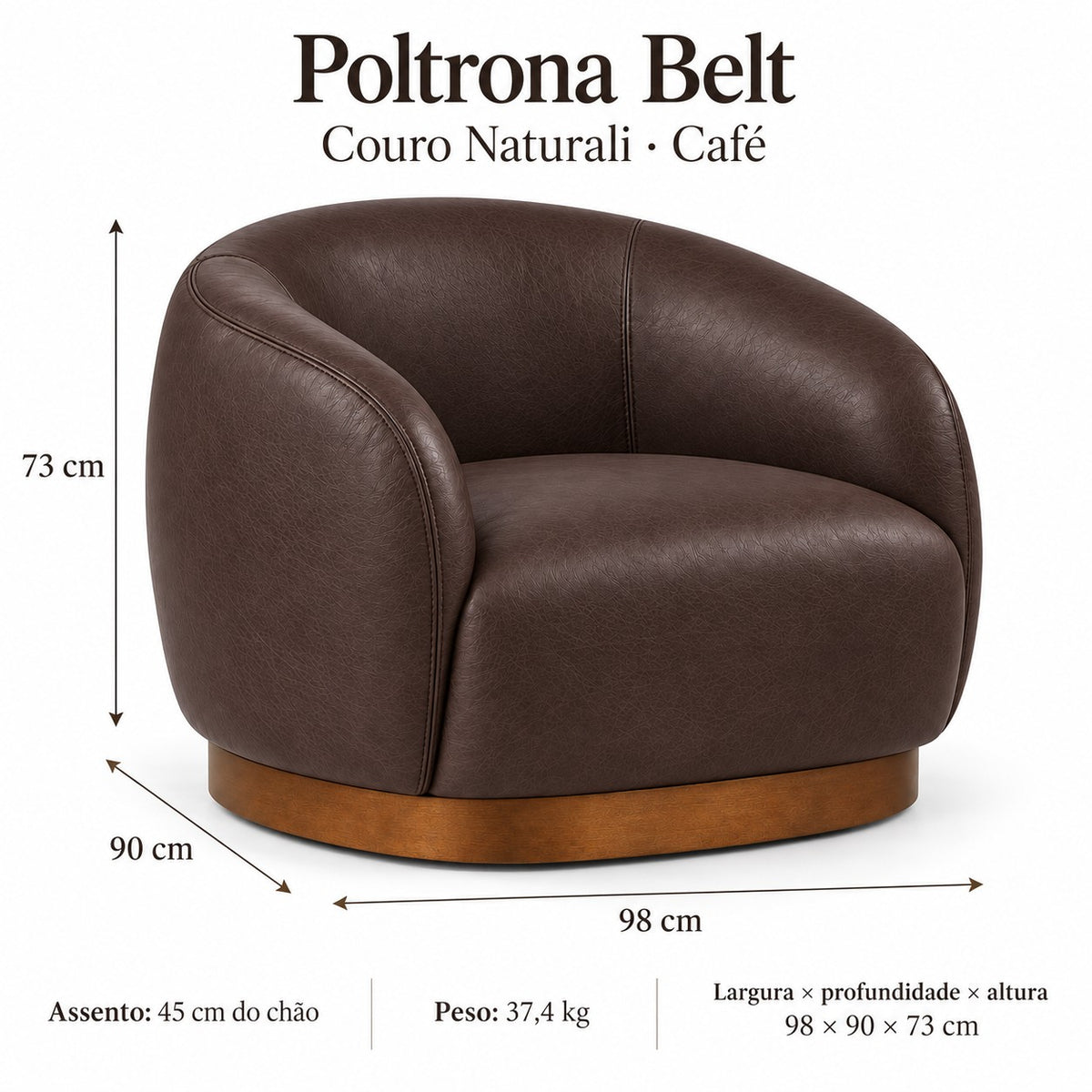 Poltrona Belt Café em Couro Naturale Premium — medidas 98 × 90 × 73 cm