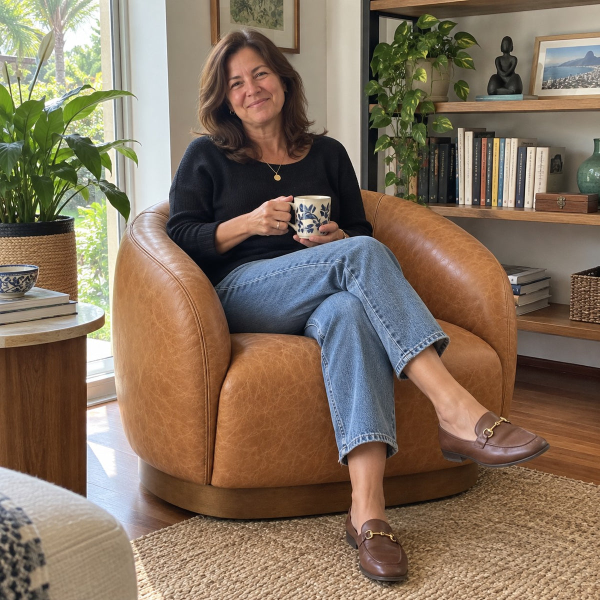 Poltrona Belt Caramelo em Couro Naturale Premium — pessoa em uso cotidiano — ambientação ilustrativa