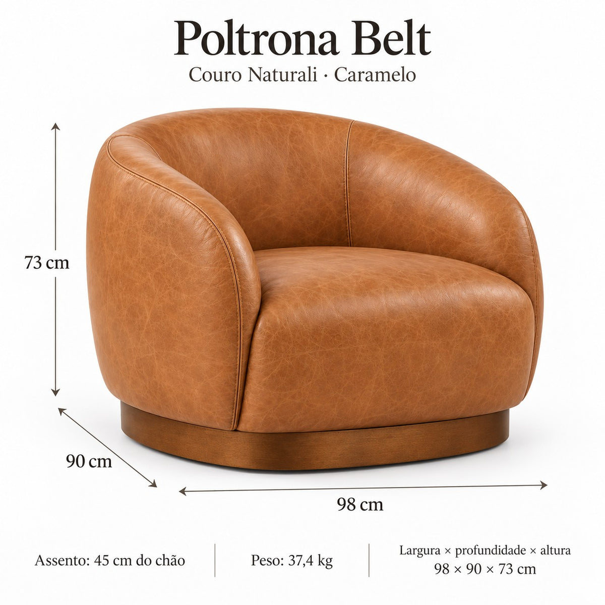 Poltrona Belt Caramelo em Couro Naturale Premium — medidas 98 × 90 × 73 cm
