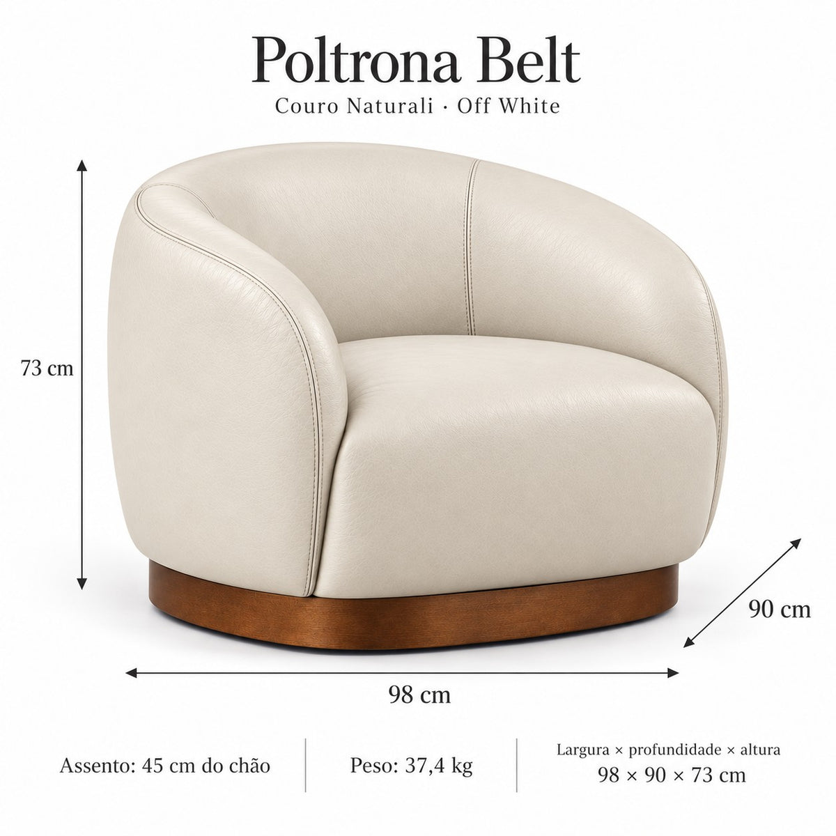 Poltrona Belt Off White em Couro Naturale Premium — medidas 98 × 90 × 73 cm