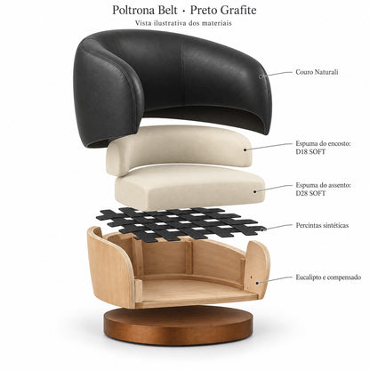 Poltrona Belt Preto Grafite em Couro Naturale Premium — vista ilustrativa dos materiais