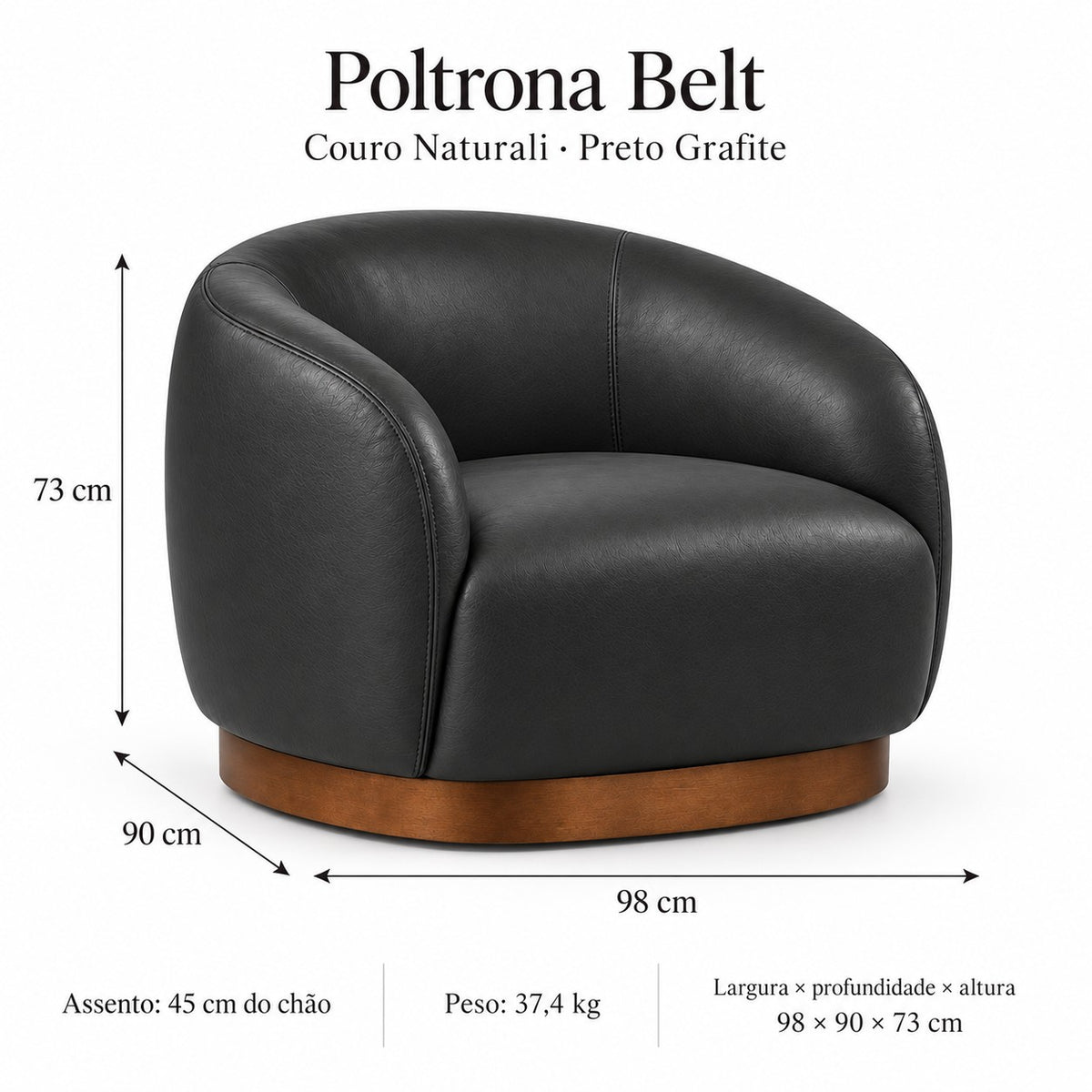 Poltrona Belt Preto Grafite em Couro Naturale Premium — medidas 98 × 90 × 73 cm