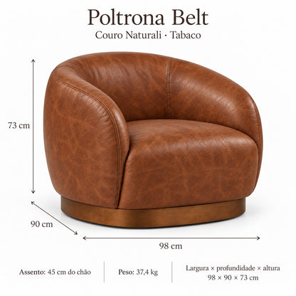 Poltrona Belt Tabaco em Couro Naturale Premium — medidas 98 × 90 × 73 cm