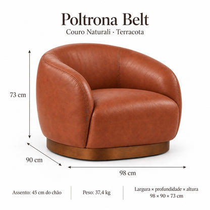 Poltrona Belt Terracota em Couro Naturale Premium — medidas 98 × 90 × 73 cm
