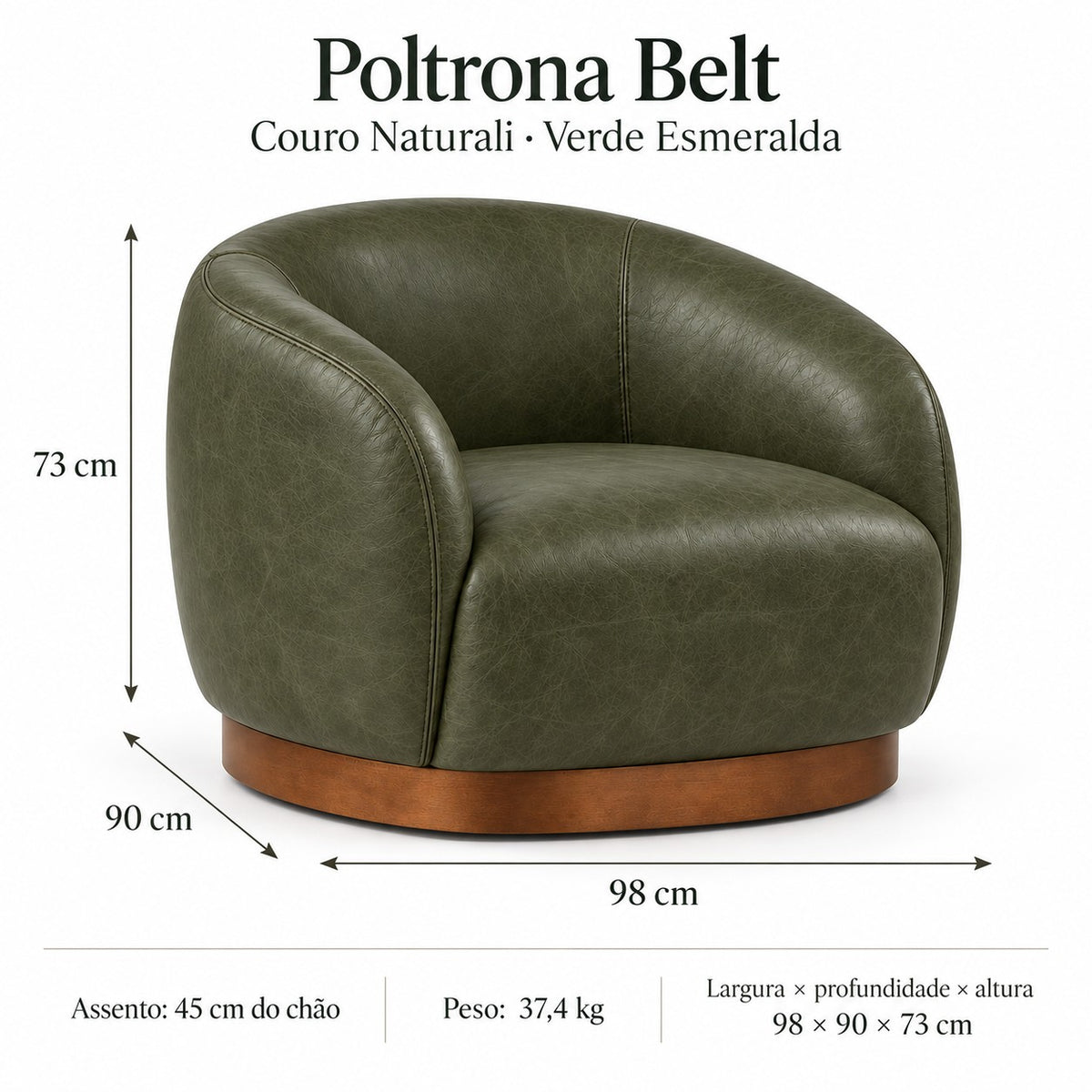 Poltrona Belt Verde Esmeralda em Couro Naturale Premium — medidas 98 × 90 × 73 cm