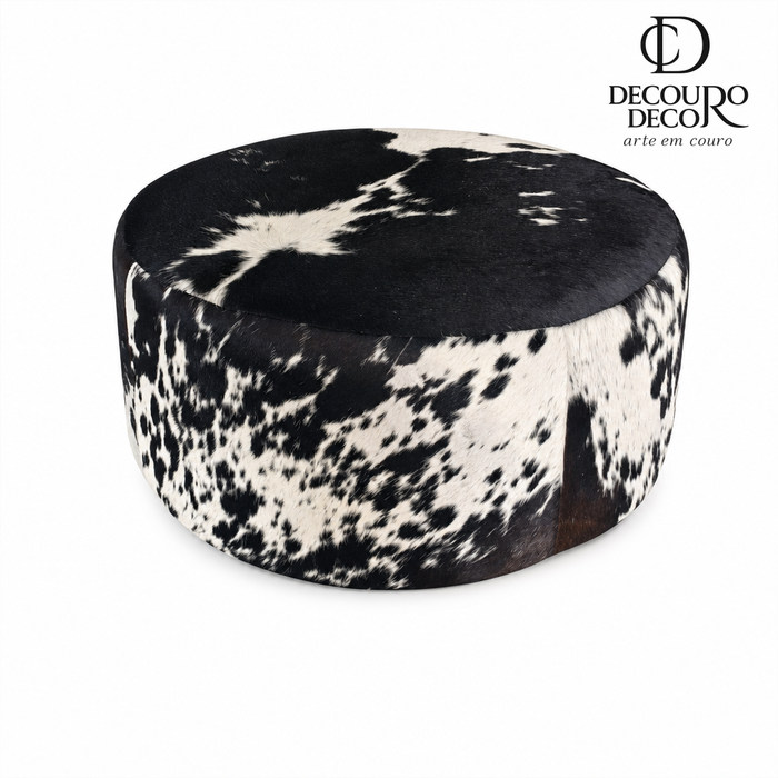Puff Redondo em Couro Bovino Natural Salino Preto e Branco 80x40 cm