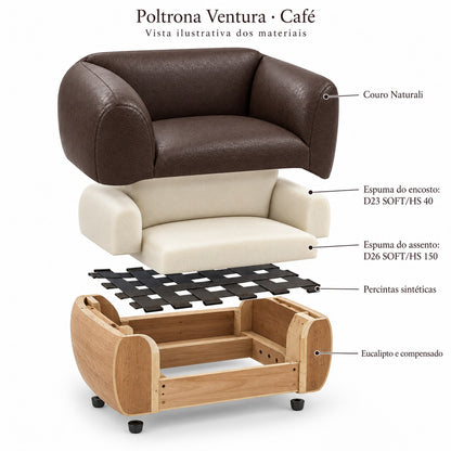 Poltrona Ventura Café em Couro Naturale Premium — vista ilustrativa dos materiais