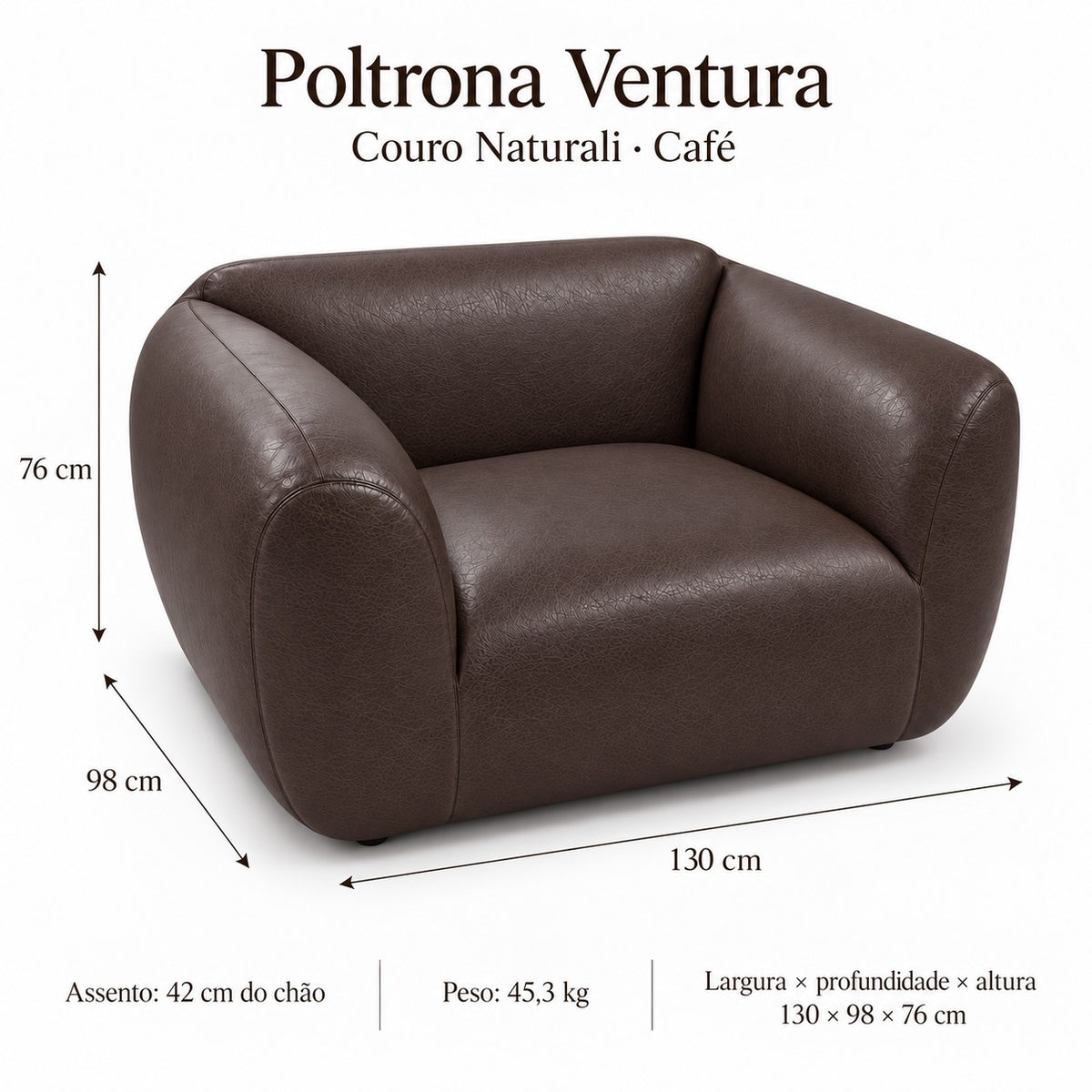 Poltrona Ventura Café em Couro Naturale Premium — medidas 130 × 98 × 76 cm