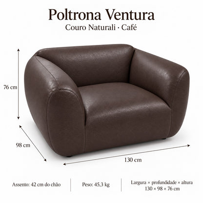 Poltrona Ventura Café em Couro Naturale Premium — medidas 130 × 98 × 76 cm