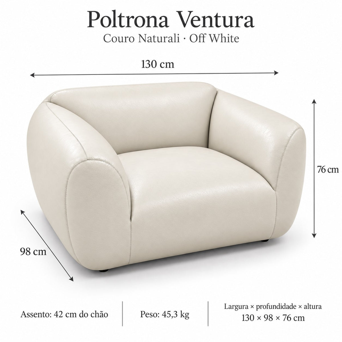 Poltrona Ventura Off White em Couro Naturale Premium — medidas 130 × 98 × 76 cm