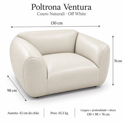 Poltrona Ventura Off White em Couro Naturale Premium — medidas 130 × 98 × 76 cm