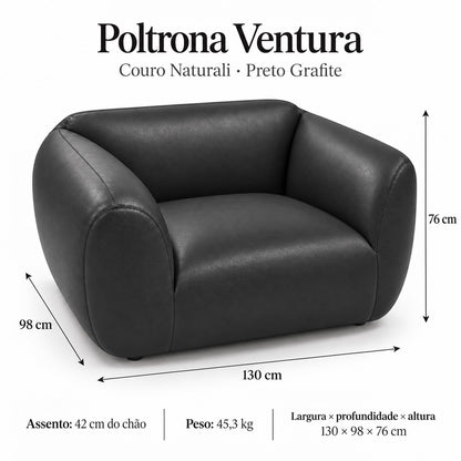 Poltrona Ventura Preto Grafite em Couro Naturale Premium — medidas 130 × 98 × 76 cm