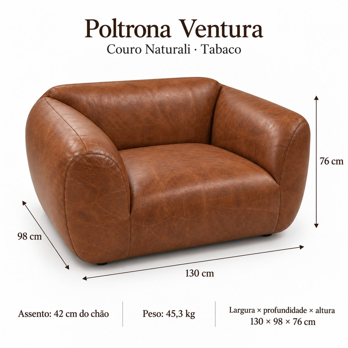 Poltrona Ventura Tabaco em Couro Naturale Premium — medidas 130 × 98 × 76 cm