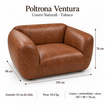 Poltrona Ventura Tabaco em Couro Naturale Premium — medidas 130 × 98 × 76 cm