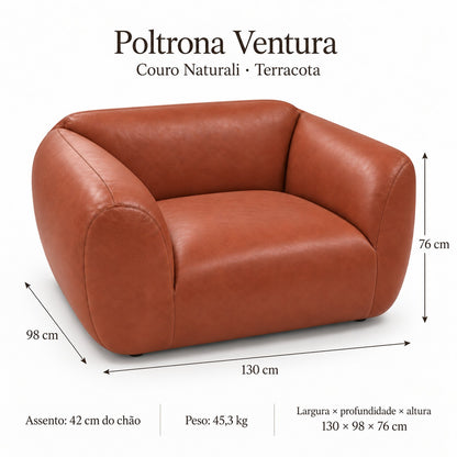 Poltrona Ventura Terracota em Couro Naturale Premium — medidas 130 × 98 × 76 cm