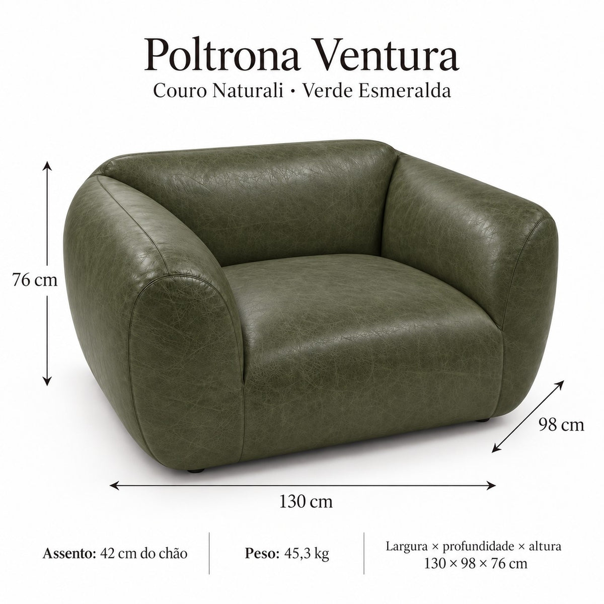 Poltrona Ventura Verde Esmeralda em Couro Naturale Premium — medidas 130 × 98 × 76 cm