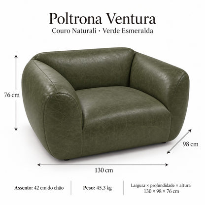 Poltrona Ventura Verde Esmeralda em Couro Naturale Premium — medidas 130 × 98 × 76 cm