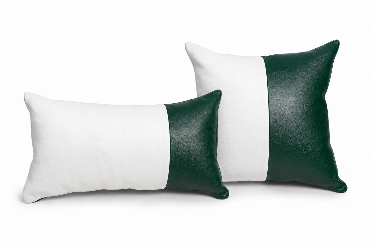 Conjunto com 02 Almofadas DUE em Couro Legítimo Verde Esmeralda e Branco Couro La Paz Legítimo
