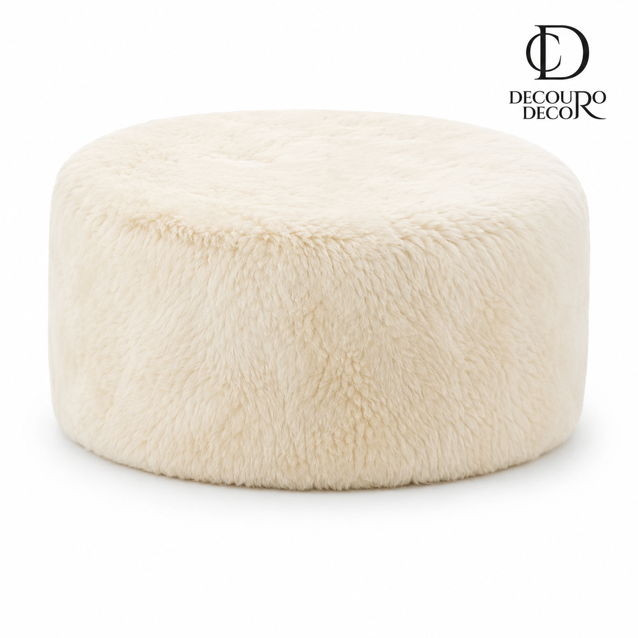 Puff Redondo Pele de Ovelha (Lã) Legítima em Tons Claros – Grande (80 × 40 cm) — fundo branco