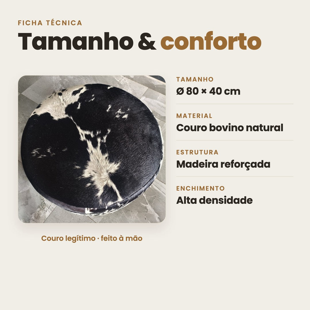 DECOURO · Puff Redondo em Couro Bovino Natural Salino Preto e Branco — Tamanho Grande (80 x 40 cm) PRONTA ENTREGA — Características