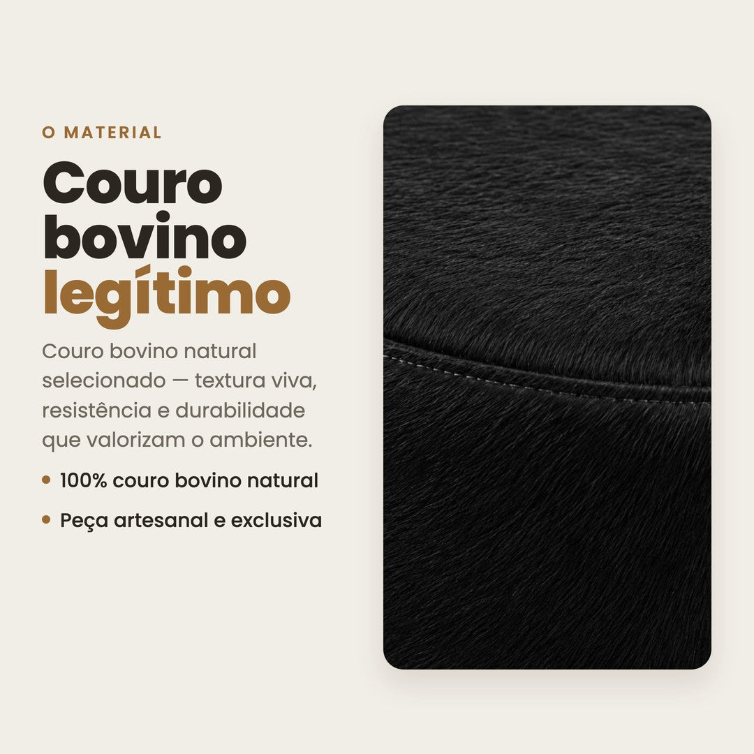 DECOURO · Puff Redondo Preto em Couro Legítimo — Tamanho Médio — Material