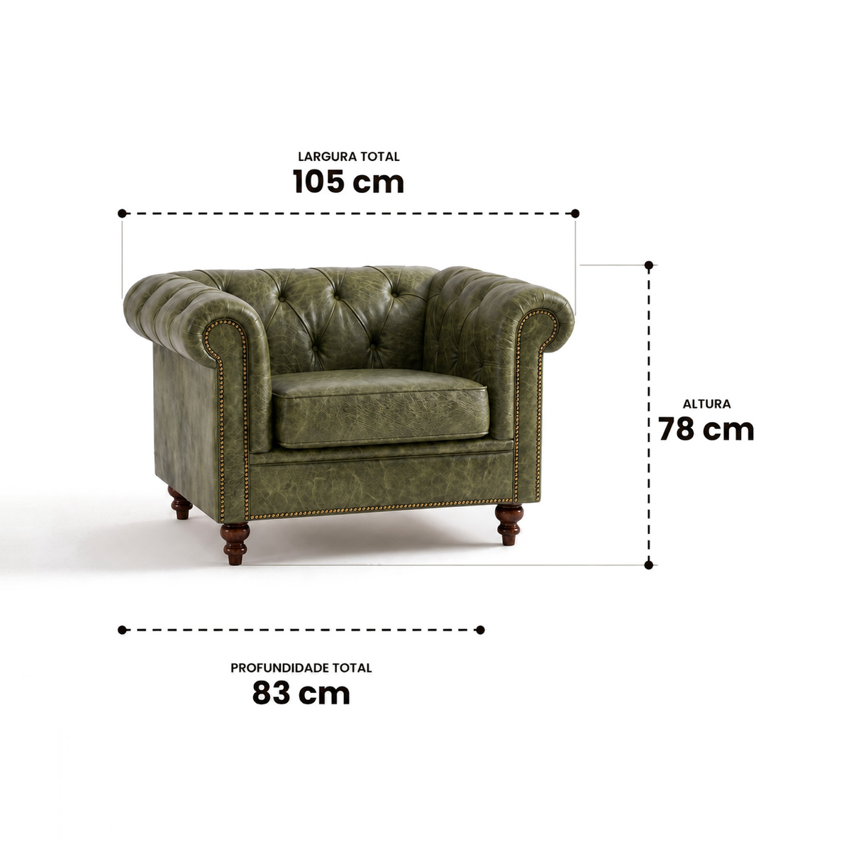Medidas da Poltrona Chesterfield Verde Esmeralda: 105 cm de largura, 83 cm de profundidade, 78 cm de altura