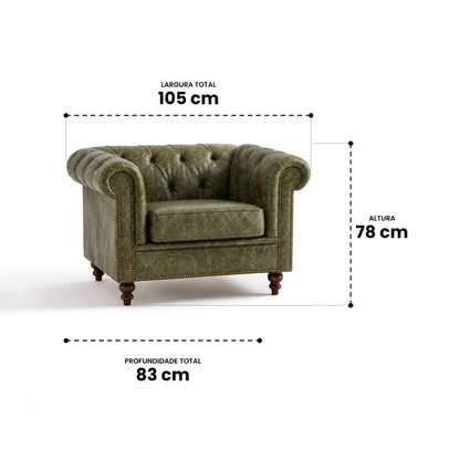 Medidas da Poltrona Chesterfield Verde Esmeralda: 105 cm de largura, 83 cm de profundidade, 78 cm de altura