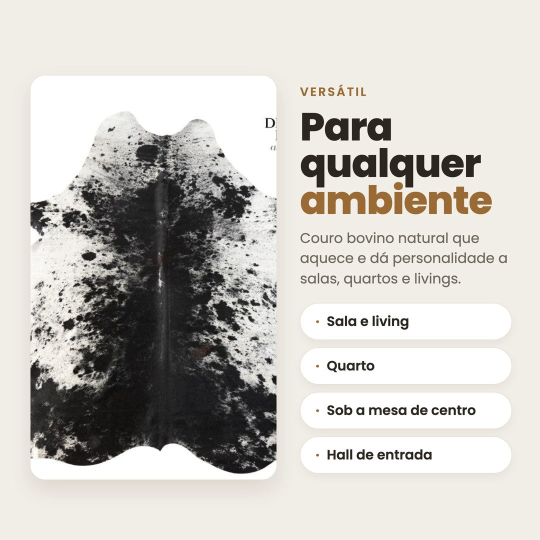 DECOURO · Tapete Bovino Natural Preto e Branco I PB764 I 2,54x1,98m — Versatilidade