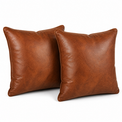 Par de almofadas em couro caramelo que acompanham a Poltrona Chesterfield