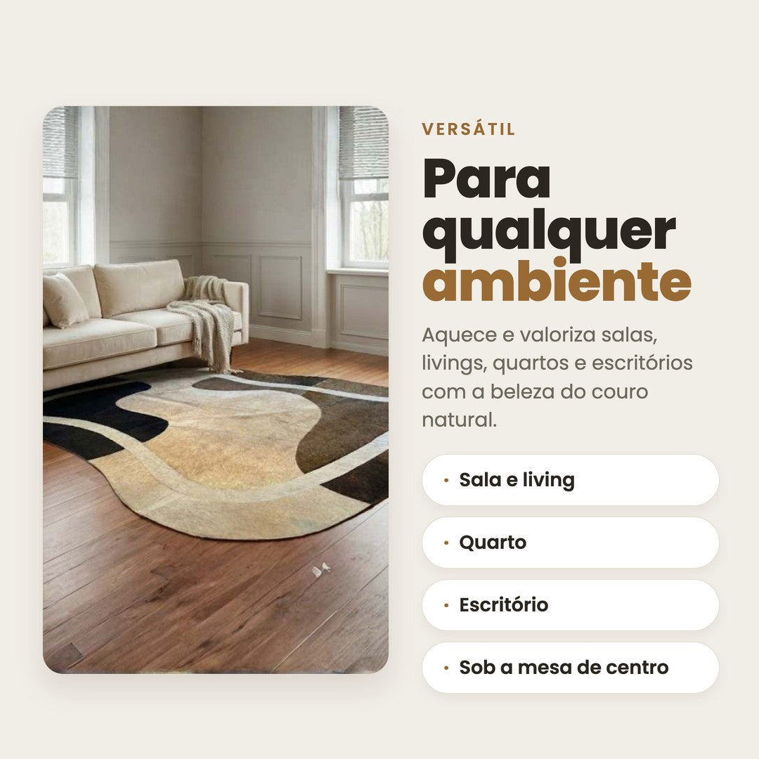 DECOURO · Tapete de Couro Orgânico Ondas Preto, Bege e Marrom — Versatilidade