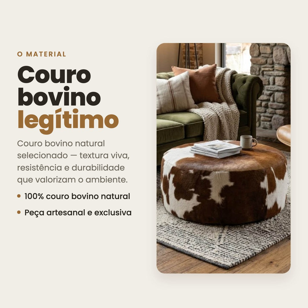 DECOURO · Puff Redondo em Couro Bovino Natural - Marrom e Branco Malhado Linha Premium — Material