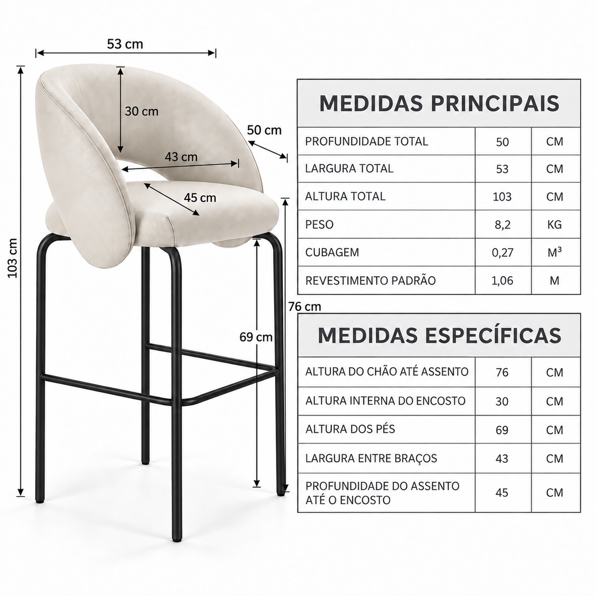 Banqueta Sephora Creme - Infográfico com medidas e flechas