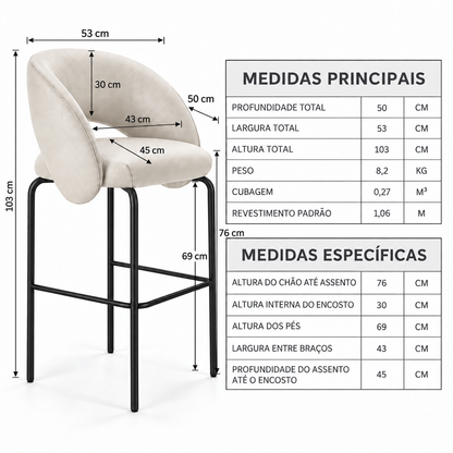 Banqueta Sephora Creme - Infográfico com medidas e flechas