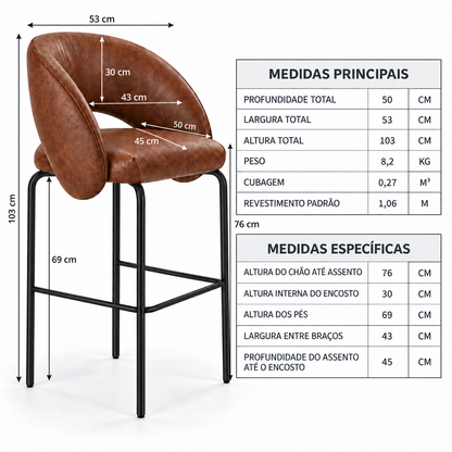 Banqueta Sephora Tabaco - Infográfico com medidas e flechas