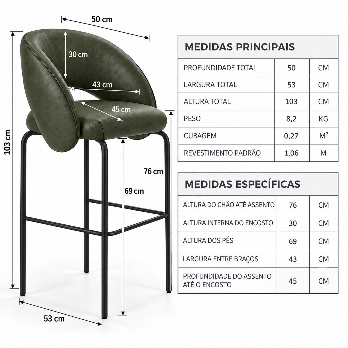 Banqueta Sephora Verde Militar - Infográfico com medidas e flechas