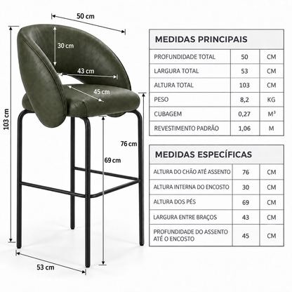 Banqueta Sephora Verde Militar - Infográfico com medidas e flechas