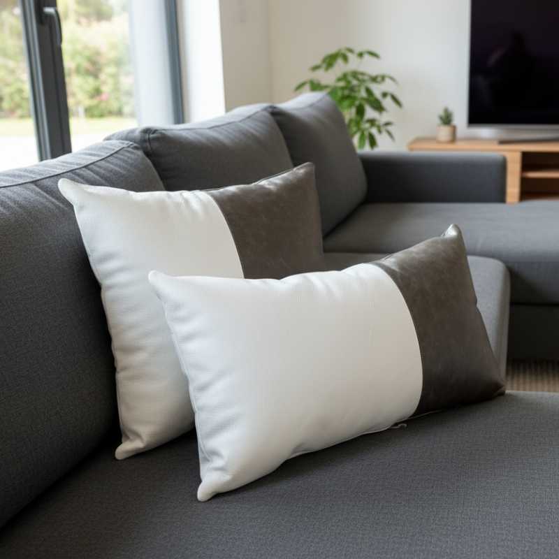 Conjunto com 02 Almofadas DUE em Couro Grafite e Branco