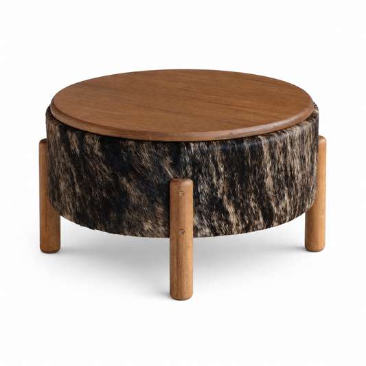 Mesa de Centro Redonda em Madeira e Couro Natural Brazino Escuro 55x32cm - Pronta Entrega