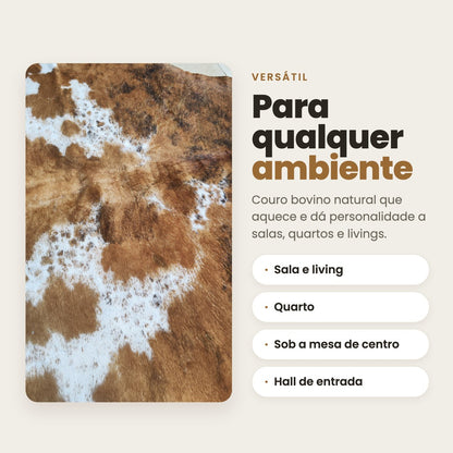 DECOURO · Tapete Bovino Natural Exótico Marrom e Branco Malhado I EXC834 I 1,56x1,90m — Versatilidade