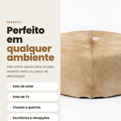 DECOURO · Puff Redondo em Couro Bovino Natural Bege Claro — Versatilidade