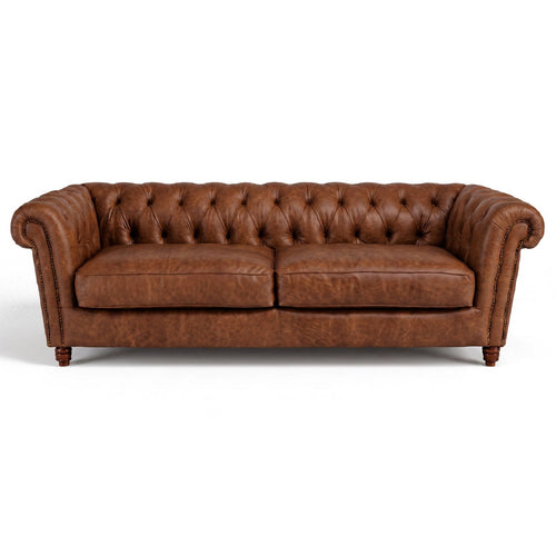 Sofá Inglês Chesterfield Tabaco de 2 lugares em couro premium texturizado — 222 cm, fundo branco