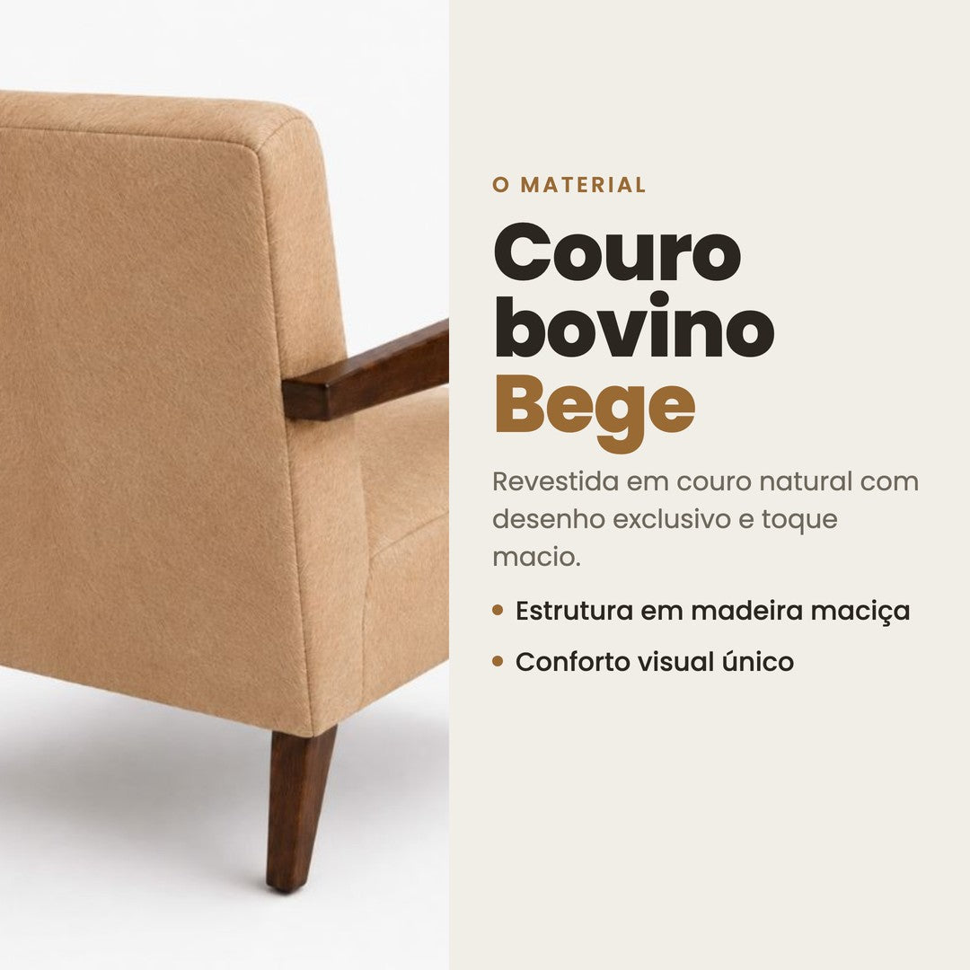 Poltrona Alice de couro legítimo bege vista frontal
