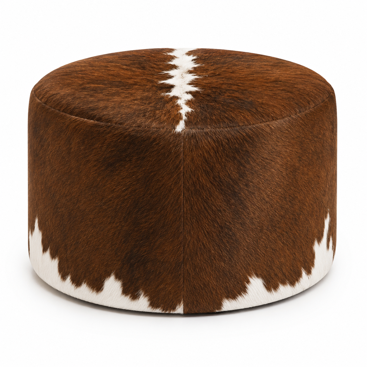 Puff Redondo em Couro Bovino Hereford Marrom e Branco 60x40 cm Tamanho Médio